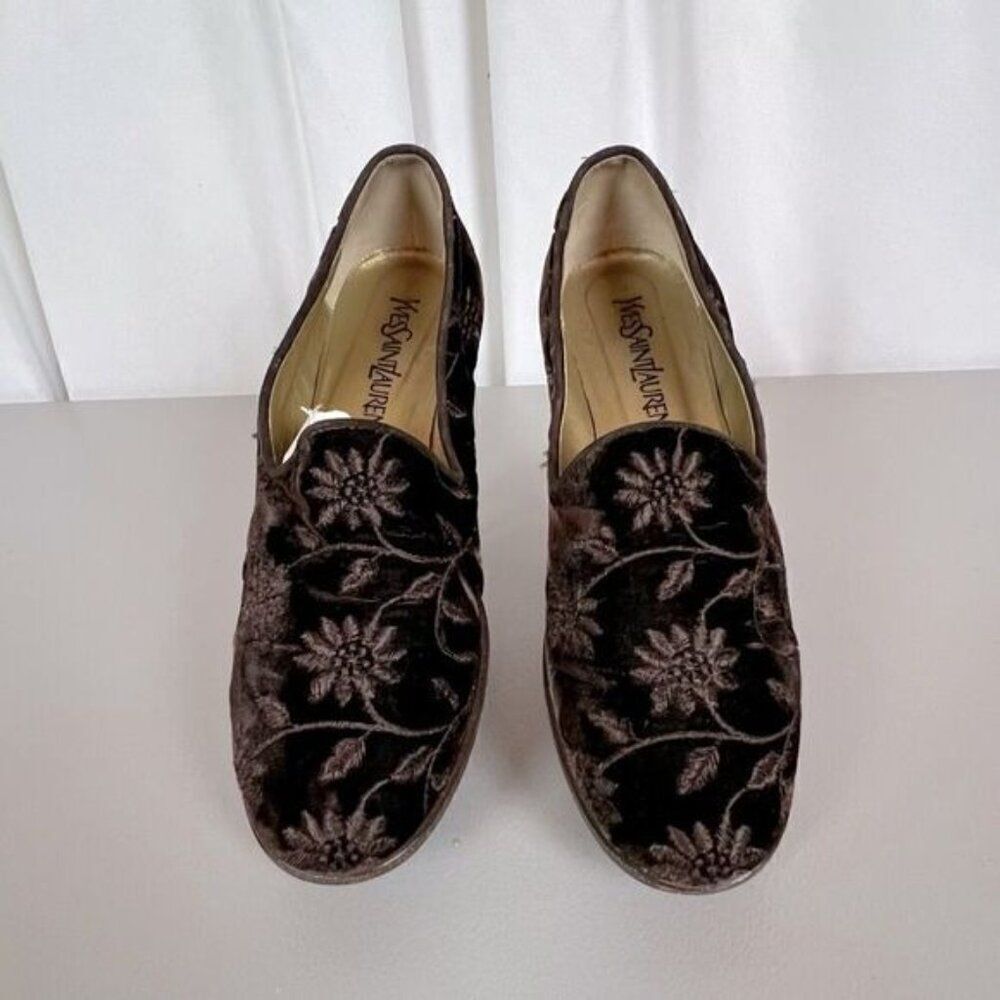 YVES SAINT LAURENT WOMENS BROWN SUEDE LOAFERS WITH EMBROIDERED DESIGN SIZE 7.5M - Picture 9 of 9